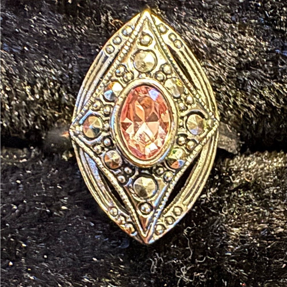 Avon, 1970s, pink stone, marcasite-style, silver tone,  7.75 EXCELLENT condition